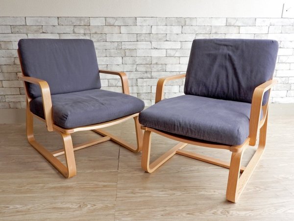 無印良品 MUJI リビングでもダイニングでもつかえるソファチェア 1人掛け アーム付 ファブリックカバー ブルー オーク材 プライウッド A ●