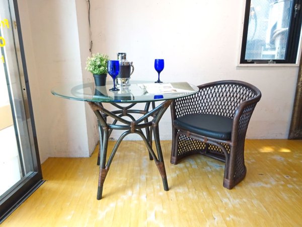 ヤマカワラタンジャパン yamakawa ラウンド ガラス ダイニングテーブル TD-170 直径100cm 天然ラタン 展示未使用品 定価12.1万円★