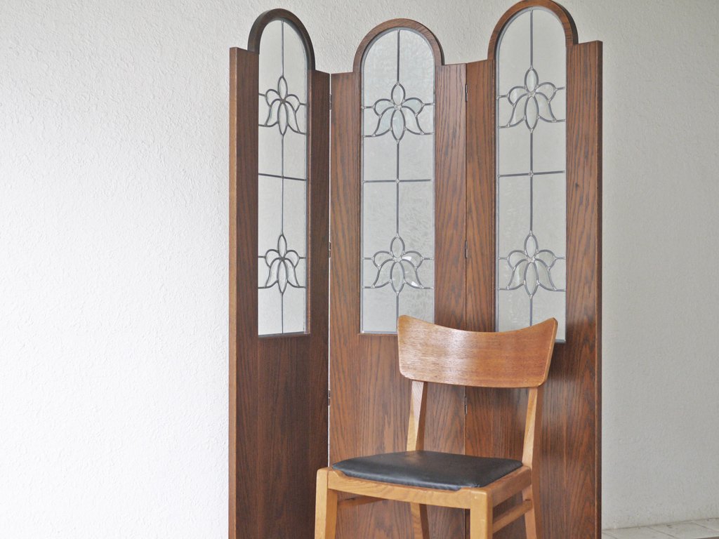 三越ブルージュ Brugge パーテーション ステンドスクリーン 3連スクリーン 英国カントリー ナラ無垢材 定価約25万 ◇