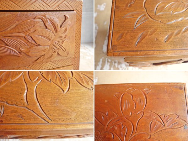 日光彫り 4段 小抽斗 ミニチェスト 整理箪笥 民芸家具 伝統工芸 高さ51cm ♪