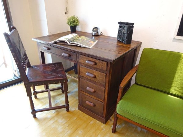 ジャパンビンテージ Japan vintage 木味 楢材 古いデスク 作業机 片袖 抽斗5杯 幅105cm 古道具 昭和レトロ ★