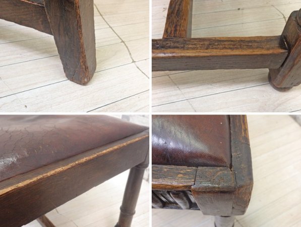イギリスアンティーク UK Antique ダイニングチェア 2脚セット オーク材 本革 ブラウン スタッズ 鋲打ち 英国ビンテージ A ●