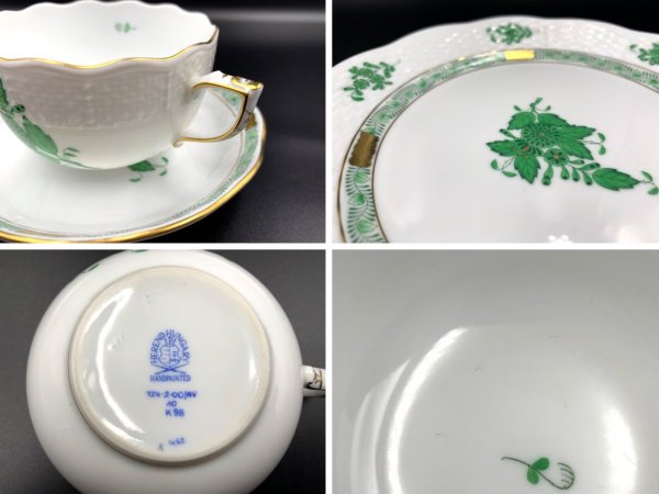ヘレンド HEREND HVNGARY アポニーグリーン ティーカップ&ソーサー&プレート トリオ ハンドペイント 白磁食器 ハンガリー ◎