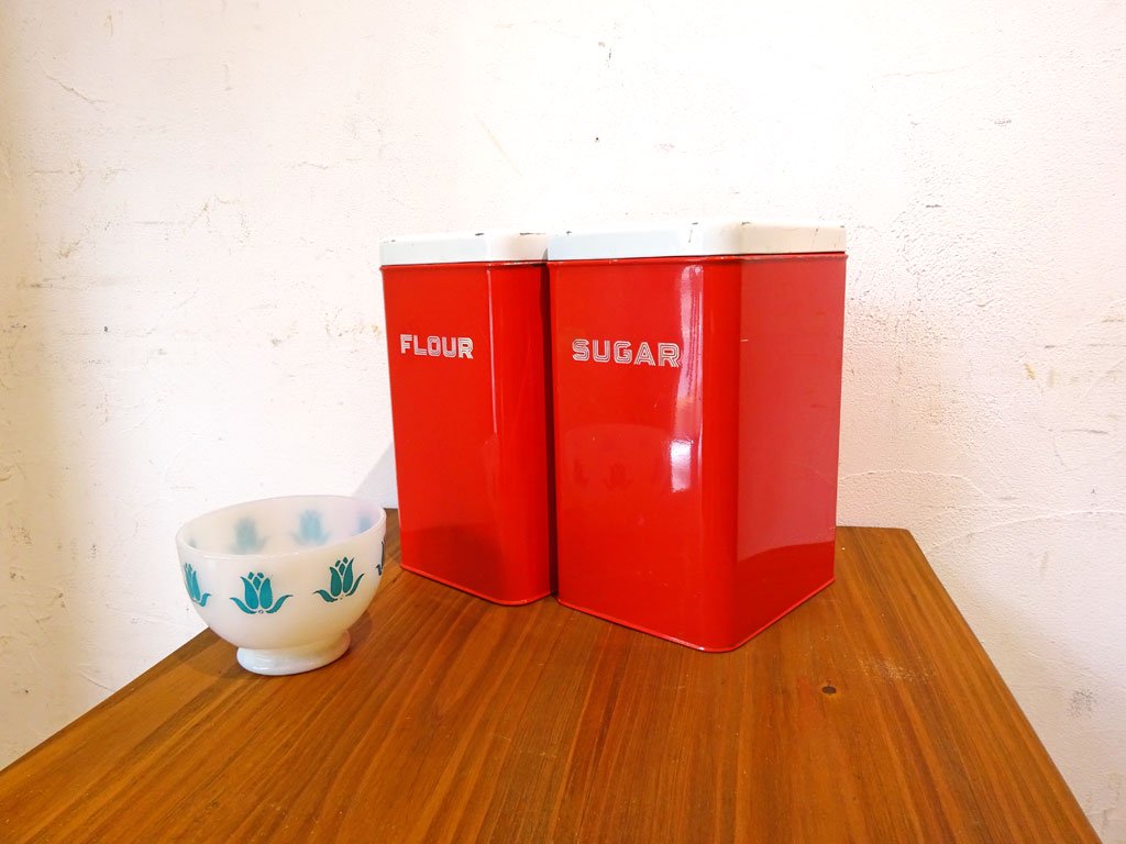 リンカーン社 Lincoln Beautyware キャニスターセット レッド 小麦粉 砂糖 FLOUR SUGAR 缶 キッチン収納 US 1950'sビンテージ ★