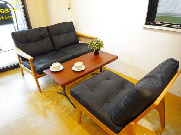 マルニ60 maruni60 3シーターソファ 1p×3脚 オーク ナチュラルフレーム ブラック ビニールレザー セパレート ミッドセンチュリーデザイン 定価 \222,200- ★