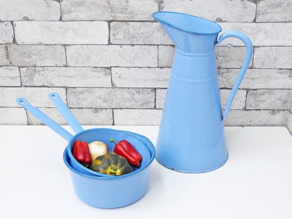 ヨーロピアンビンテージ European Vintage ホーローピッチャー ジャグ 水差し ライトブルー H37cm 花器 ディスプレイ ブロカント 古道具 ●