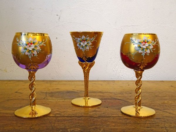ベネチアンガラス ムラノ Venezian glass murano シェリーグラス Sherry Glass レッド ゴールド 24KT 金彩 小花柄 ヴェネチアングラス ★