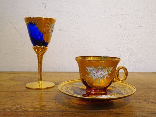 ベネチアンガラス ムラノ Venezian glass murano カップ&ソーサー C&S アンバー ゴールド 24KT 金彩 小花柄 ヴェネチアングラス ★