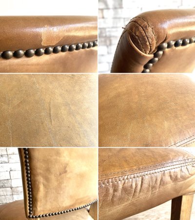 レストレーション ハードウェア Restoration Hardware ダイニングチェア 2脚セット レザー オーク材 スタッズ付 ビンテージスタイル ●