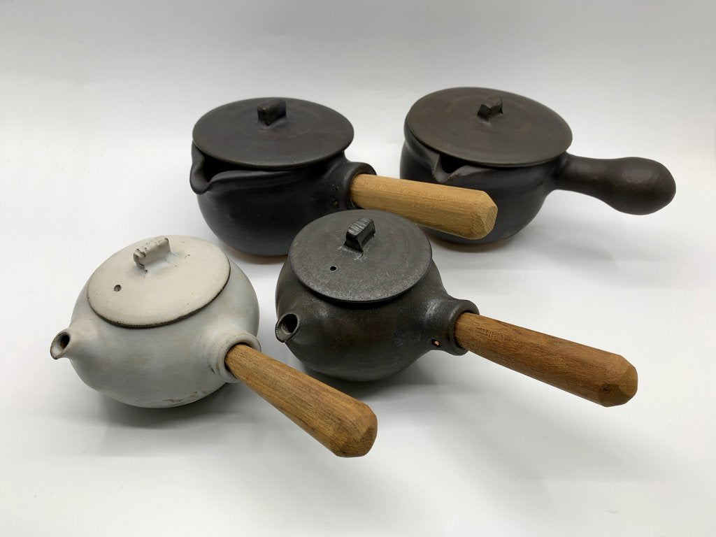 馬場勝文 黒釉 ふた付き耐熱ミルクパン チーク材 陶器 現代作家 ●