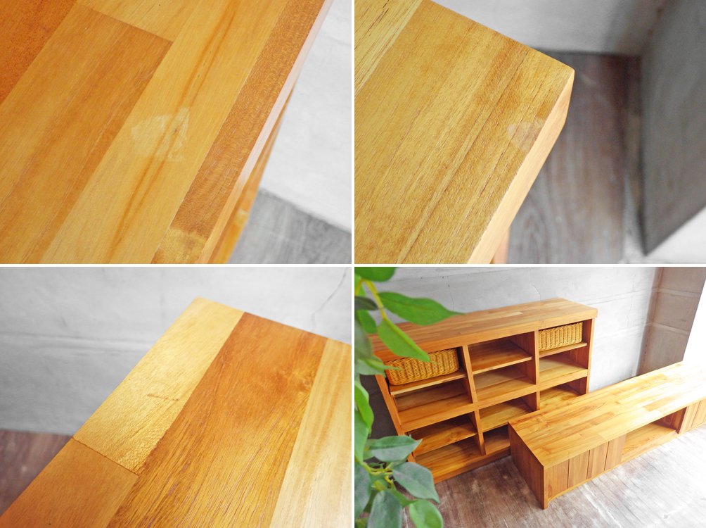 ウニコ unico ブレス BREATH チーク 無垢材 ワイドシェルフ 本棚 ブックシェルフ ディスプレイシェルフ 飾り棚 ラタンバスケット付 ♪