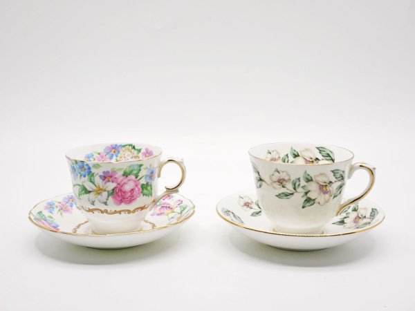 クラウンスタッフォードシャー Crown Staffordshire カップ&ソーサー C/S 花柄 ピンク×ブルー UKビンテージ Vintage 英国 A ●