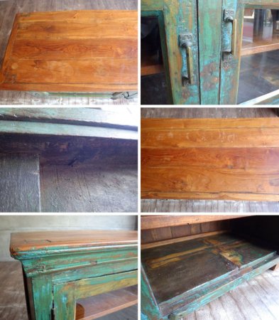 オールドメゾン old maison オールドチーク 無垢材 ペインテッド ローボード サイドボード ガラスキャビネット 飾り棚 古材 シャビー グリーン ♪