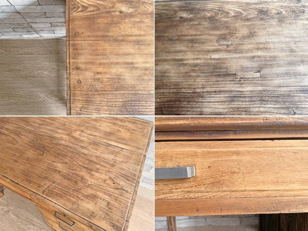 ジャパンビンテージ Japan vintage 古い木味の片袖机 デスク 作業台 W105cm 抽斗5杯 古材 古家具 昭和レトロ ●