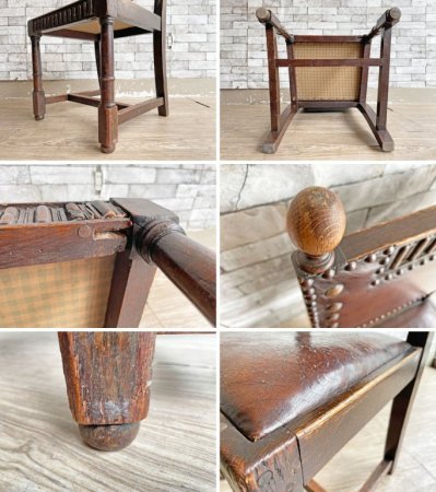 イギリスアンティーク UK Antique ダイニングチェア 2脚セット オーク材 本革 ブラウン スタッズ 鋲打ち 英国ビンテージ B ●