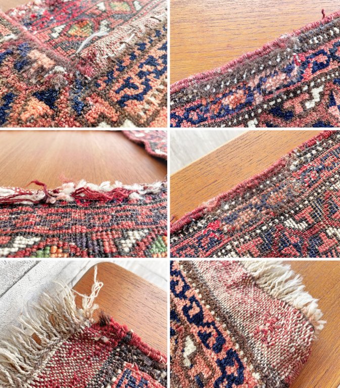 【8】ビンテージ Vintage トライバルラグ バルーチ Bharuch 変形ラグ ホースカバー 68×53cm ブラウン×オレンジ×ネイビー系 馬柄 イラン アフガニスタン 手織り B ●