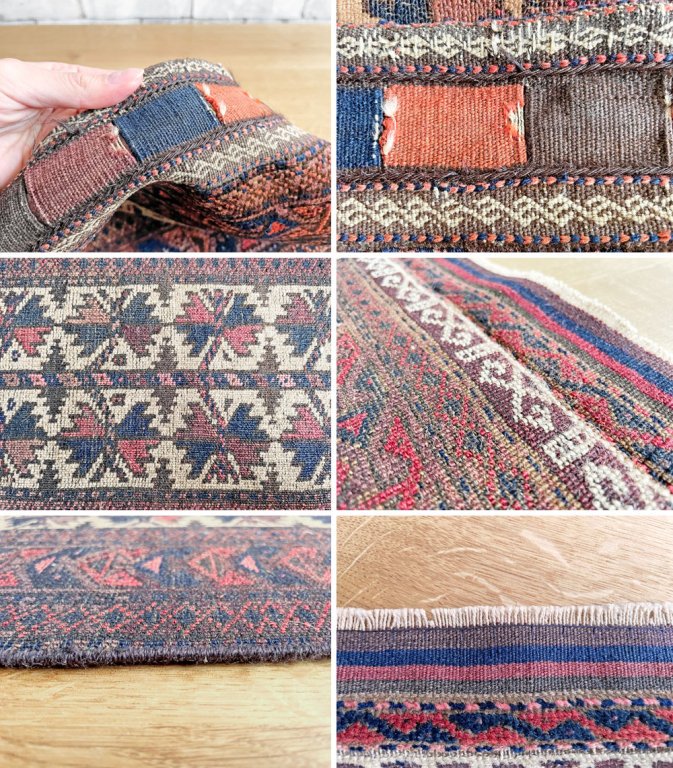 【11】ビンテージ Vintage トライバルラグ バルーチ Bharuch ラグ 絨毯 98×41cm ブラウン系 葉っぱ柄 チナールモチーフ イラン アフガニスタン 手織り C ●
