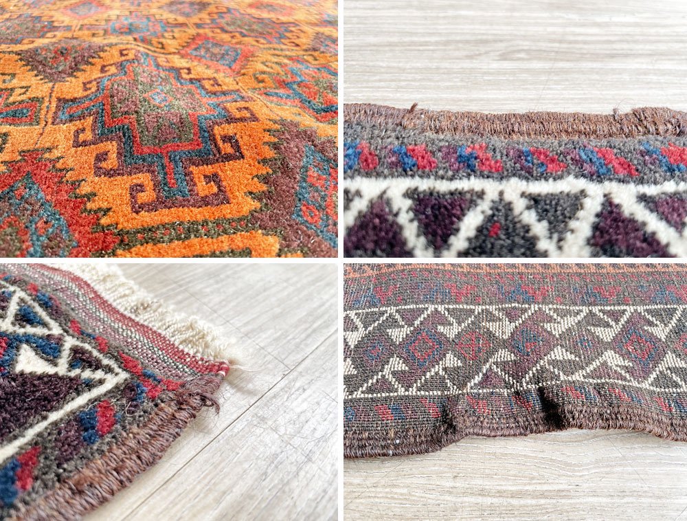 【14】ビンテージ Vintage トライバルラグ バルーチ Bharuch ラグ 絨毯 200×85cm ブラウン×オレンジ系 ドラゴンモチーフ イラン アフガニスタン 手織り F ●