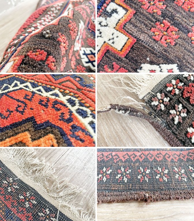 【16】ビンテージ Vintage トライバルラグ バルーチ Bharuch ラグ 絨毯 210×105cm レッド×ブラウン系 イラン アフガニスタン 手織り H ●