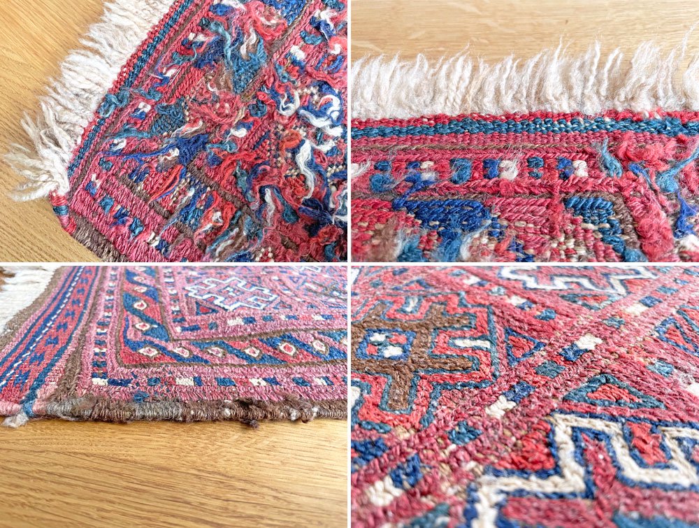 【22】ビンテージ Vintage オールドキリム ラグ 絨毯 ソフレ 75×72cm レッド系 プトラックモチーフ 中近東 トルコ 手織り A ●