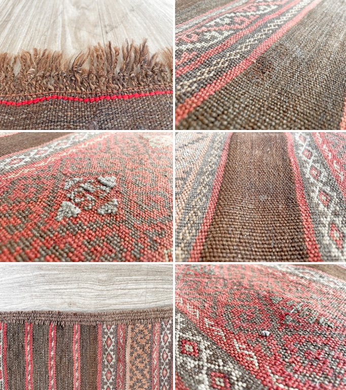 【24】ビンテージ Vintage オールドキリム ラグ 絨毯 220×73cm ブラウン系 ボーダー柄 中近東 トルコ 手織り C ●