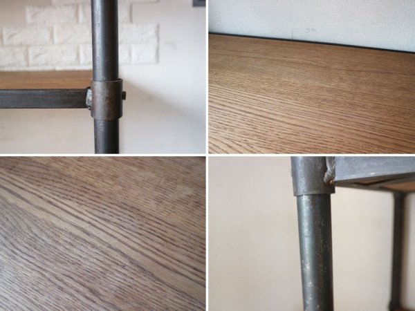 インダストリアルデザイン industrial design オープンシェルフ 3段 アイアン オーク無垢材 キャスター W114cm 店舗什器 ◎