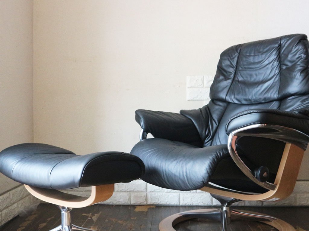 エコーネス EKORNES レノ RENO ストレスレスチェア stressless リクライニングチェア & オットマン 本革 レザー パロマ ブラック 北欧家具 参考価格40万円 美品 ◎