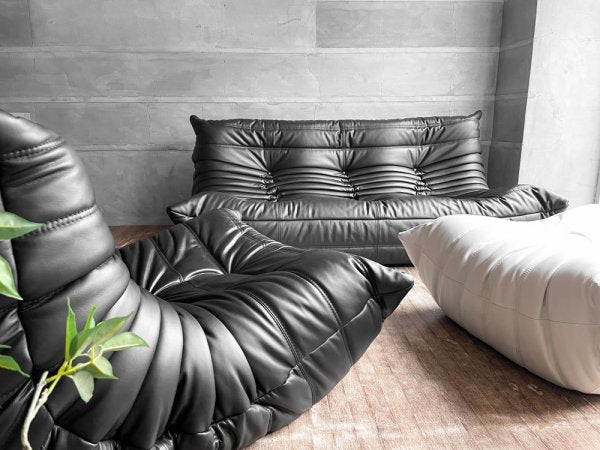 リーンロゼ ligne roset トーゴ TOGO 3Pソファ 3人掛けソファ PVCレザー ブラック ミッシェル・デュカロワ Michel Ducaroy 定価¥283,800- 美品 ♪