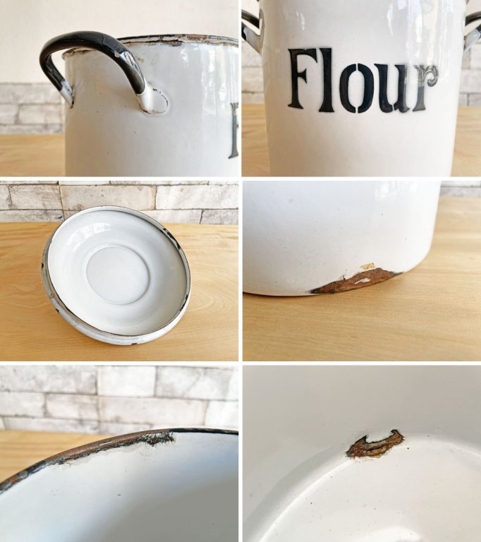 UKビンテージ Vintage フラワー缶 FLOUR Sサイズ ホーロー 琺瑯 キャニスター 保存容器 取手付き 英国 アンティーク ディスプレイアイテム ●