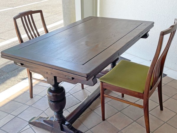 UKビンテージ ドローリーフ ダイニングテーブル オーク材 幅136.5cm ビッグバルボスレッグ 伸長式 英国家具 ◇