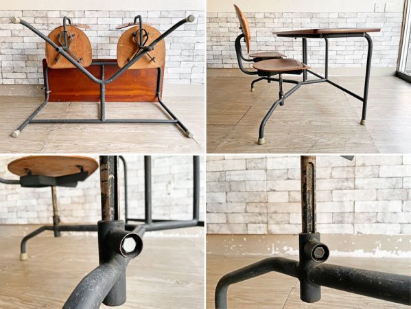 スウェーデンビンテージ Swedish Vintage スクールデスク&チェア 一体型 チーク材 プライウッド フック付き 学習机 学校椅子 インダストリアル 希少 ●