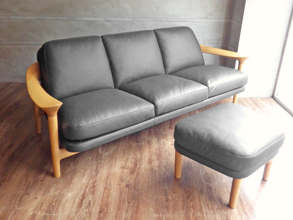 朝日木材加工 アムリス AMLYS ブリッジ BRIDGE オットマン OTTOMAN NA Leather 本革 オーク無垢材 ハンス・S・ヤコブセン 美品 定価104,500円 ♪