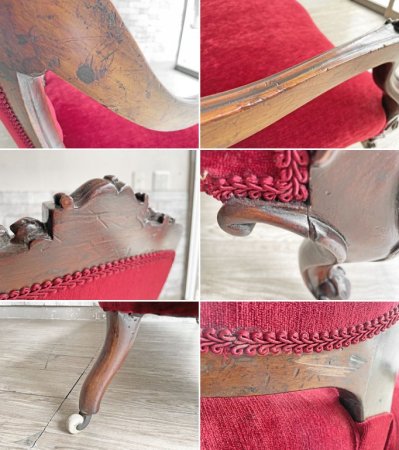 UKビンテージ 2人掛け ソファ サロンソファ ナーシングチェア マホガニー無垢材 猫脚 レッド キャスター付き ロココ調 英国 アンティーク ●