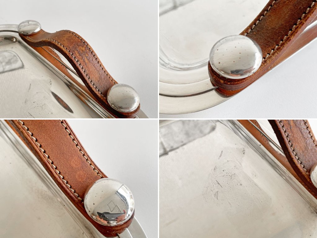 エルメス HERMES サービングトレイ レザー取手付き シルバー 銀メッキ テーブルウェア W28cm フランス made in france ●