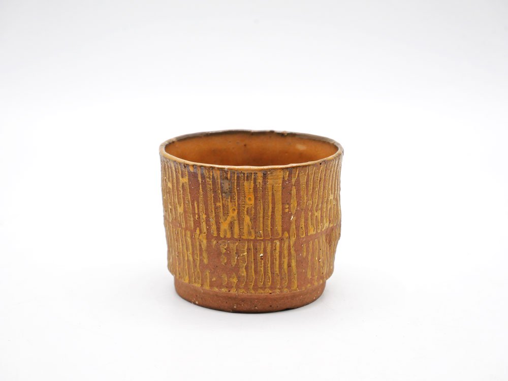 9】キム・ホノ 金憲鎬 KIMU HONO 蕎麦猪口 カップ 湯呑 橙色 縦縞 Φ8cm