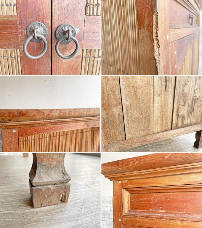 アジアン家具 Asian Furniture 無垢材×バンブー キャビネット 飾り棚 W76.5cm 抽斗1杯 リゾートスタイル 現状品 ●