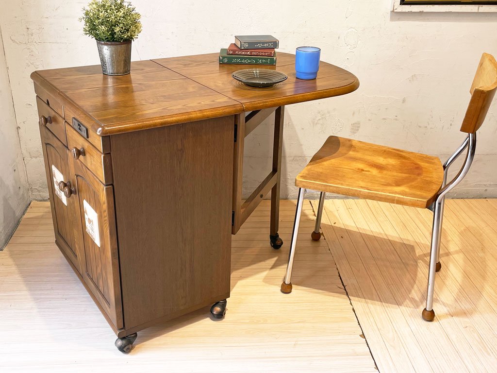 森のサーカス 四国工芸 バタフライ キッチン ワゴン テーブル 楢無垢材天板 タイル装飾 多目的家具 ★