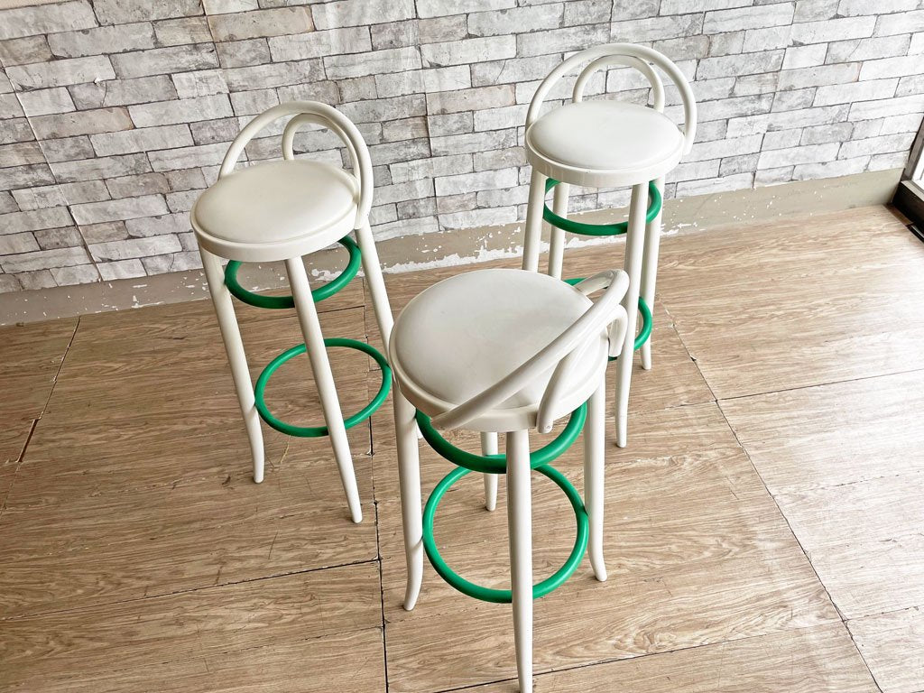 秋田木工 Akimoku カウンターチェア ハイスツール 合皮 ホワイト×グリーン ハイタイプ 座面高75.5cm リペイント品 A ●