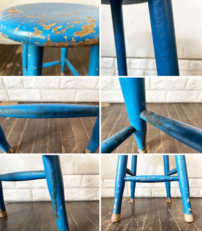 ジャパンビンテージ Japan Vintage ブルーペイント スツール 丸椅子 花台 H45cm レトロ シャビーシック 古家具 ◎