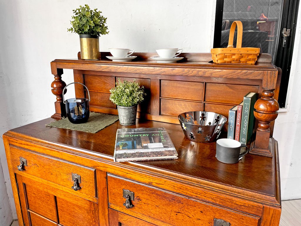 UKアンティーク バフェ サイドボード リビングボード カクテルバーキャビネット 抽斗2杯 オーク材 英国 ビンテージ ★