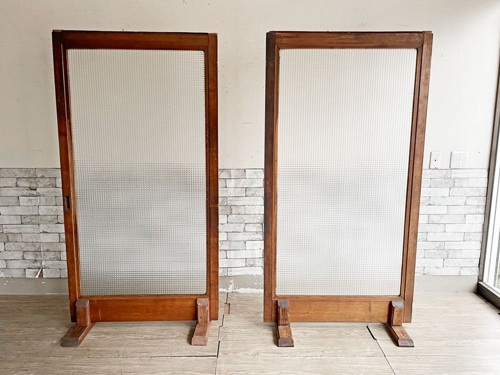ジャパンビンテージ Japan Vintage チェッカーガラス パーテーション 間仕切り H176cm 建具 リメイク家具 店舗什器 古家具 昭和レトロ B ●