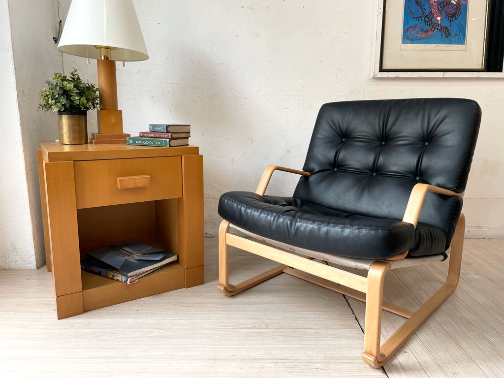 天童木工 TENDO マルガリータ 1Pソファ イージーチェア 両肘付き ロータイプ 合皮 エーデルスムース・ブラック ホワイトビーチ ブルーノ・マットソン 定価¥140,800- 美品 ★