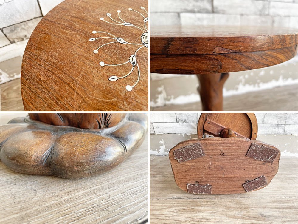 アジアンビンテージ Asian Vintage 象モチーフ 木彫 象嵌 花台 プランター台 サイドテーブル ラウンド Φ32cm アジアン家具 ●