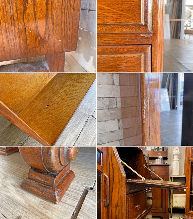 UKビンテージ サイドバイサイド キャビネット ライティングビューロー ブックケース オーク材 英国 ●