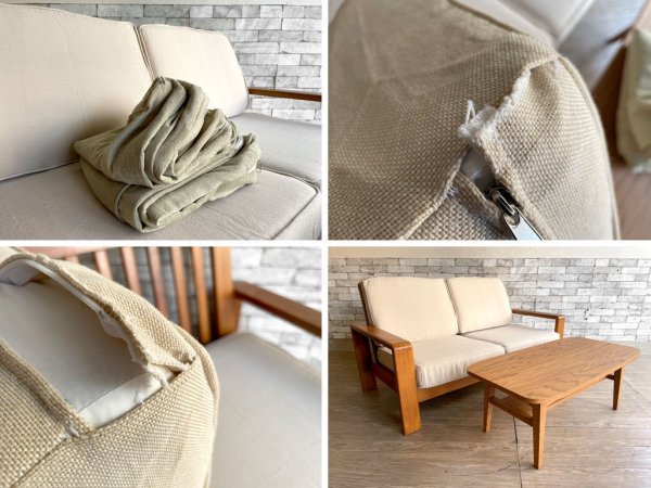 スキャンティーク SCANTEAK イコン IKON ソファ 2人掛け チーク無垢材 カバーリング 替えカバー付き グリーン&ライトベージュ 定価総額¥185,000- ●