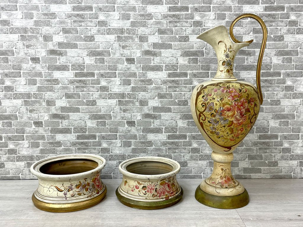 クラシカルデザイン トールペイント ハンドペイント 飾り壺 花瓶 花器 陶器 大型 台付き 置物 イタリア製 高さ106cm ●