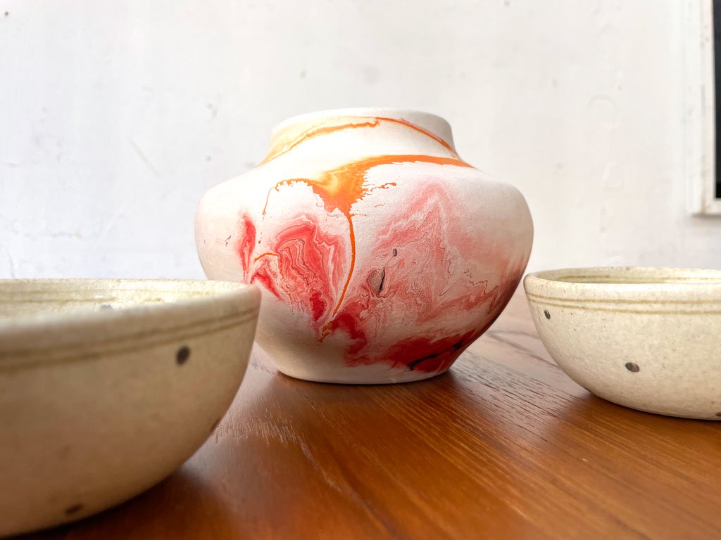 ネマジ ポッタリー Nemadji Pottery フラワーベース 釉薬コーティング マーブル模様 オレンジ ビンテージ ★