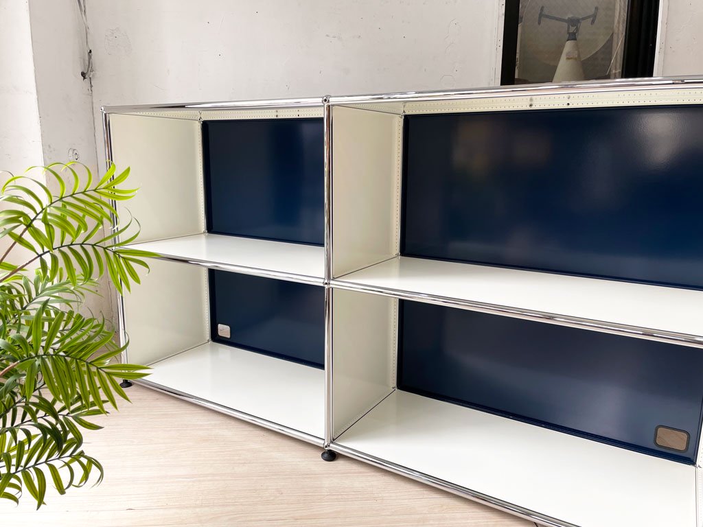 ユーエスエムハラー USM Haller モジュラーファニチャー キャビネットシェルフ ケーブルカットアウト×2 2列2段 ホワイト×スティールブルー アソートカラー ★