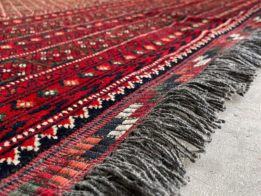 ビンテージ トライバルラグ バルーチ レッド ギュル トルクメン アフガン オールドラグ カーペット 絨毯 370×253cm 〓