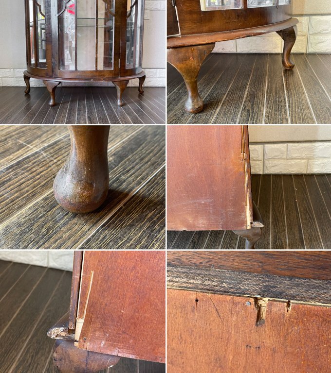 UKビンテージ Vintage ガラスキャビネット キュリオケース チャイナキャビネット 飾り棚 ハーフムーン 半月型 ミラーバック 鍵付き 英国アンティーク ◎